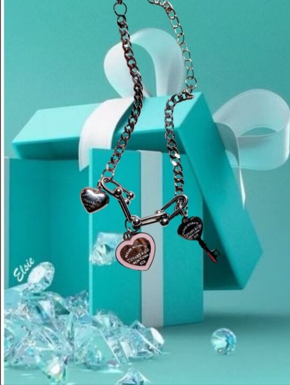 🗝️T•BEAUTIFUL Tiffany Co Silver Pink Heart And Key Bracelet🩷